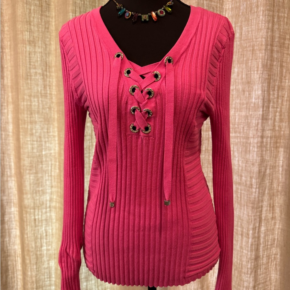 INC Hot Pink Lace-Up Ribbed Knit Sweater